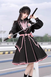 Black/Pink Long Sleeves Ruffle Gothic Military Elegant Princess Lolita Dress